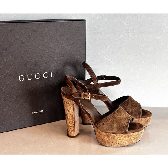 Gucci Shoes - GUCCI Danielle Neutral Brown Suede Platform Cork Heel Sandal Size 38.5 Strap Box